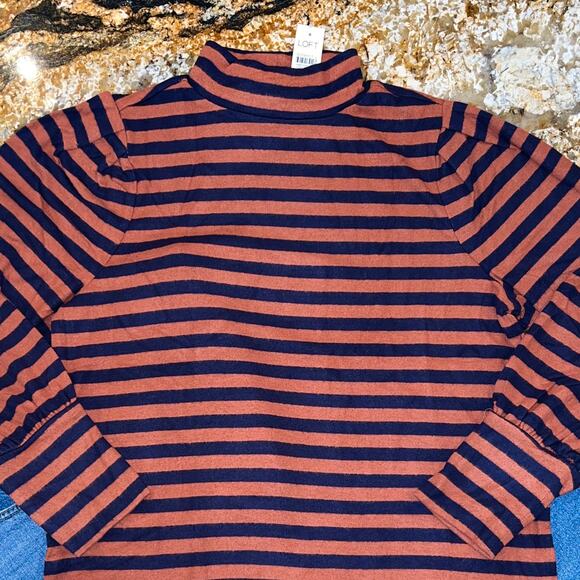 NWT Loft Rust/Brown & Navy Striped Soft Knit Mock Neck Top - Picture 4 of 9
